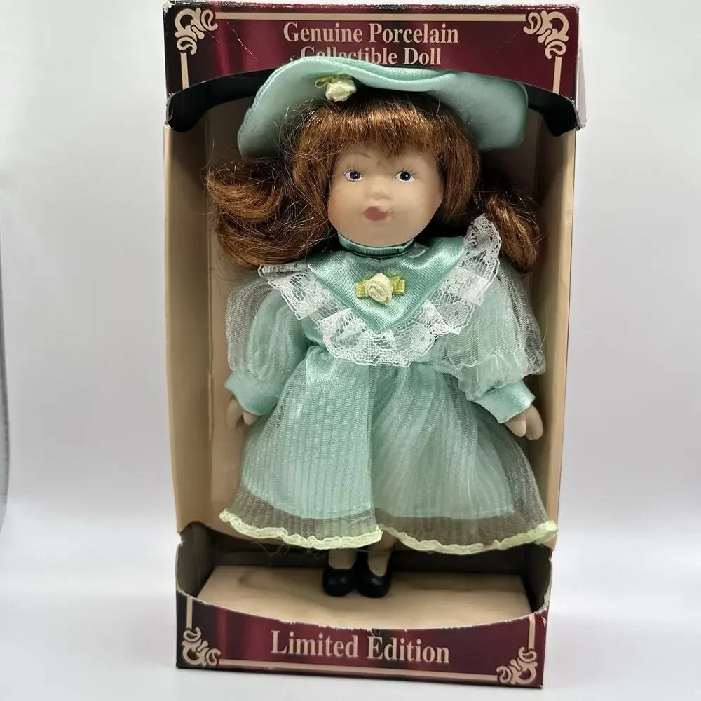 Limited Edition Hand Painted 6 in Porcelain Girl Doll Brown Curly Hair Outfit